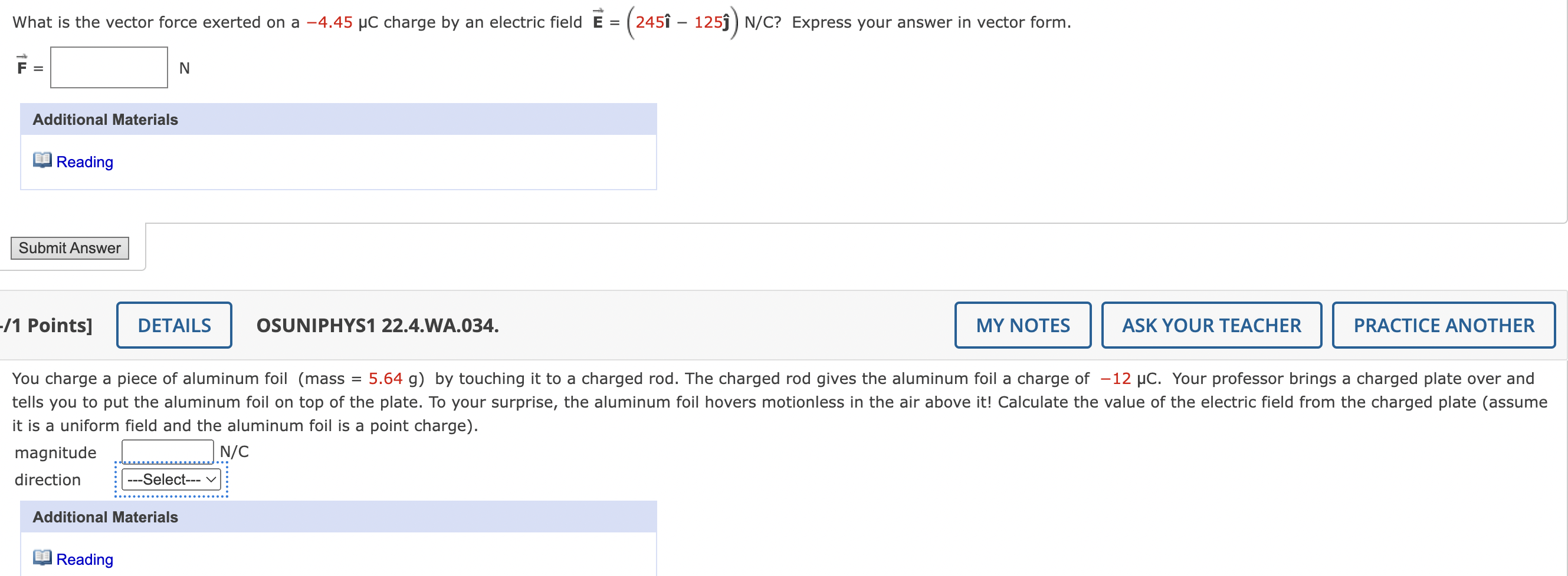  What is the vector force exerted on a 4.45 uC charge