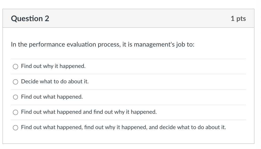 Question 2 1 pts In the performance evaluation process, it is