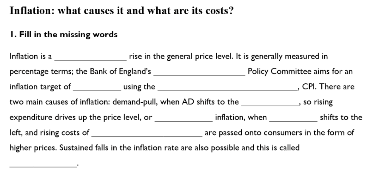 Answer these questions.Put missing words and match question to answer Inflation: what