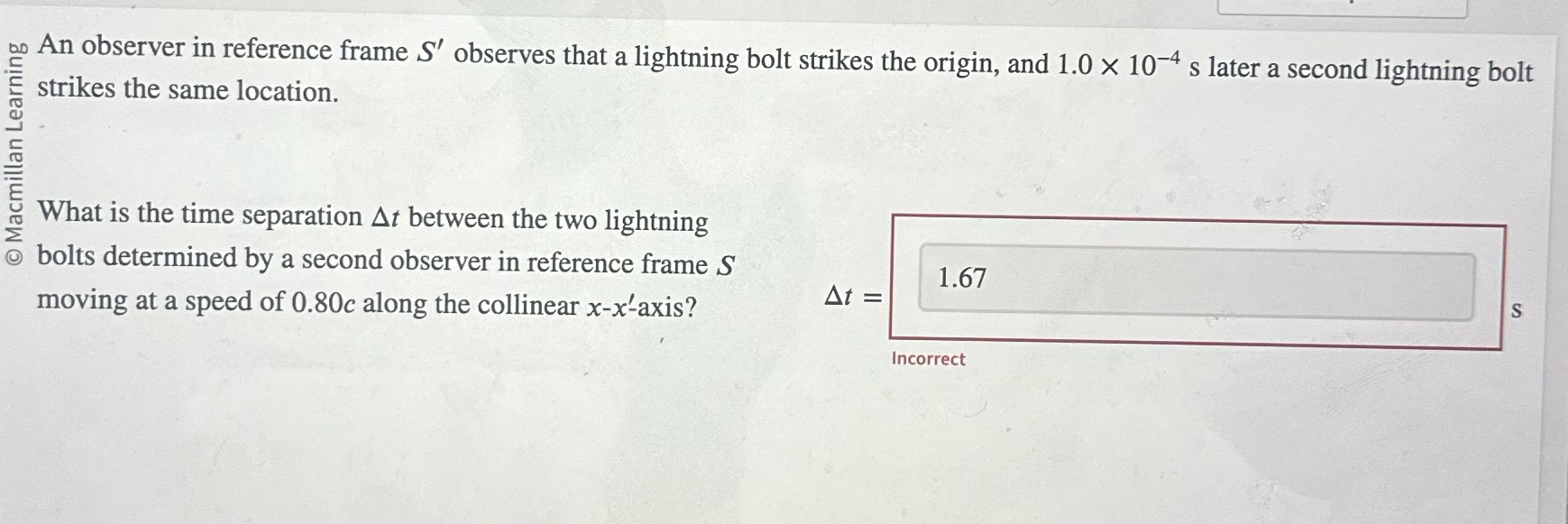 An observer in reference frame S' observes that a lightning bolt