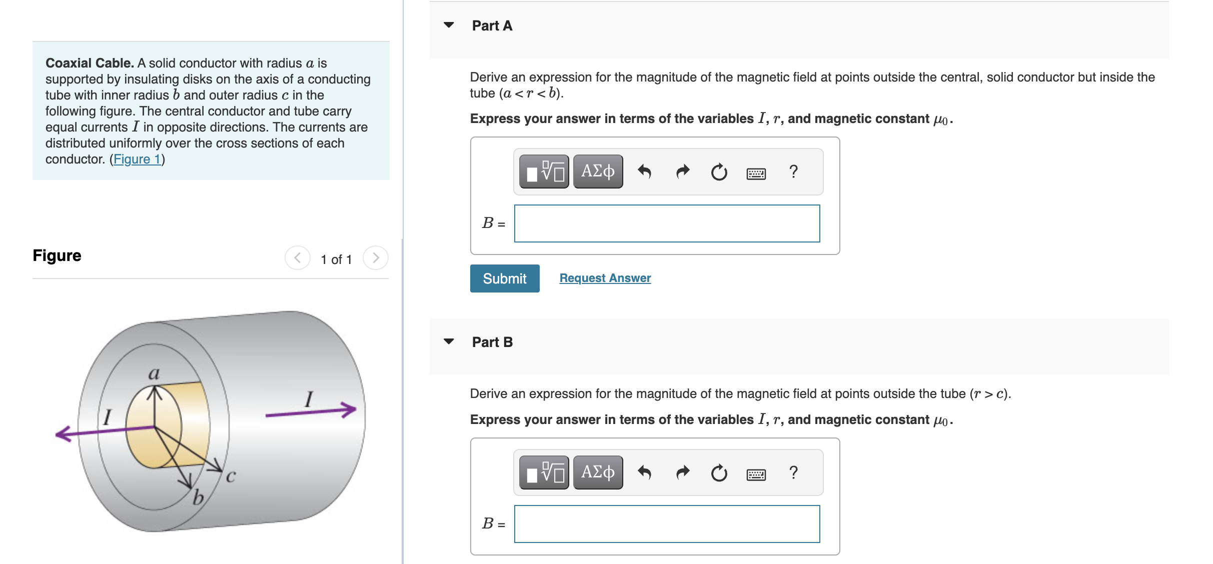  V PartA Coaxial Cable. A solid conductor with radius a is