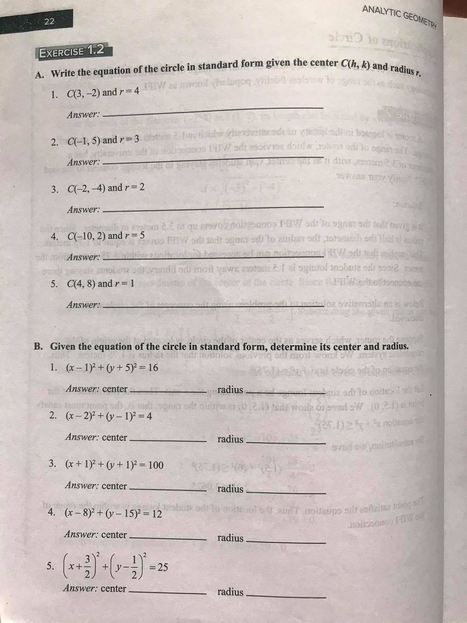Pre-Cal activity: 22 ANALYTIC GEOMETRY EXERCISE 1.2 A. Write the equation of