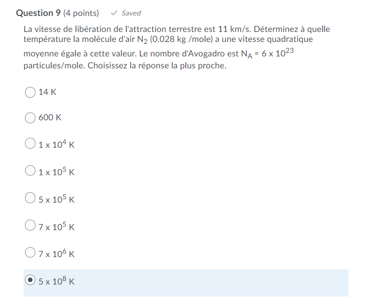 Question 9 (4 points) v' Saved La vitesse de libration de l'attraction
