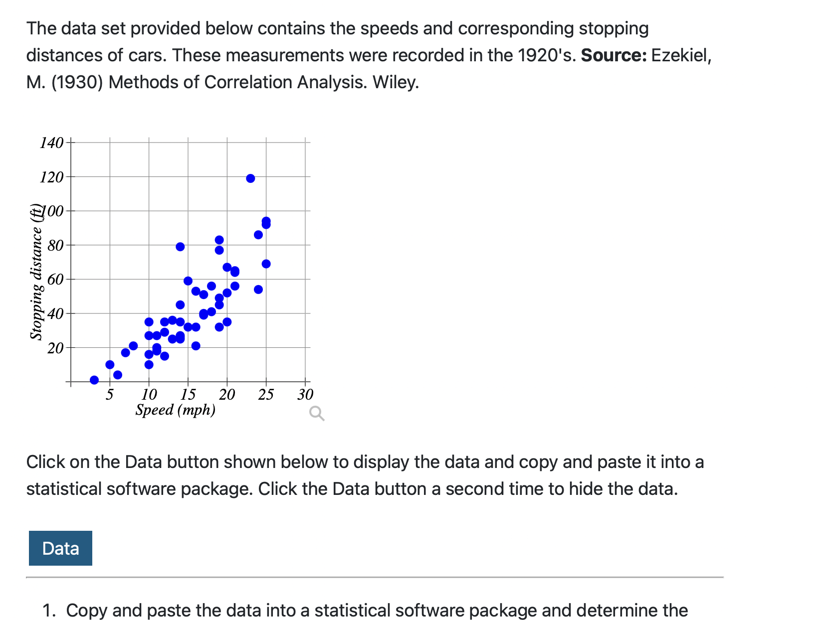  The data set provided below contains the speeds and corresponding stopping