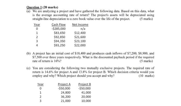 Question 1 (20 marks) (a) We are analyzing a project and