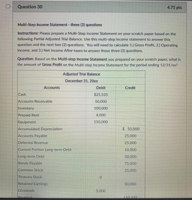  D Question 30 4.75 pts Multi-Step Income Statement - three (3)