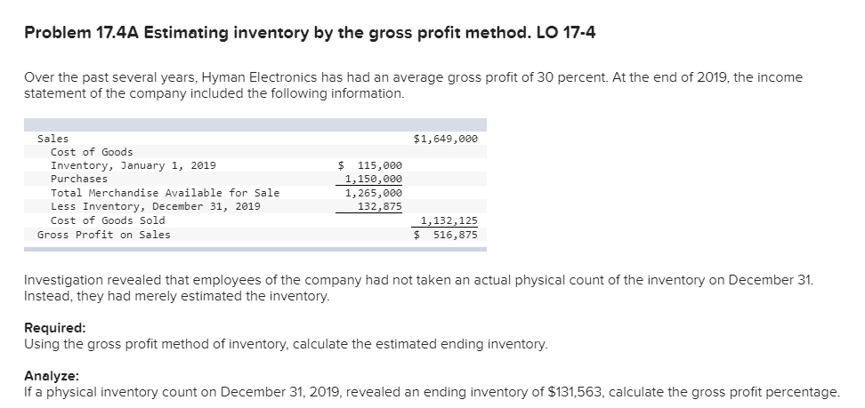 Problem 17.4A Estimating inventory by the gross profit method. LO 17-4