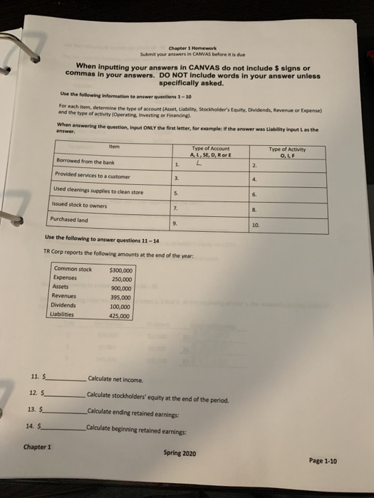  Chapter 1 Homework Submit your answers in CANVAS before it is