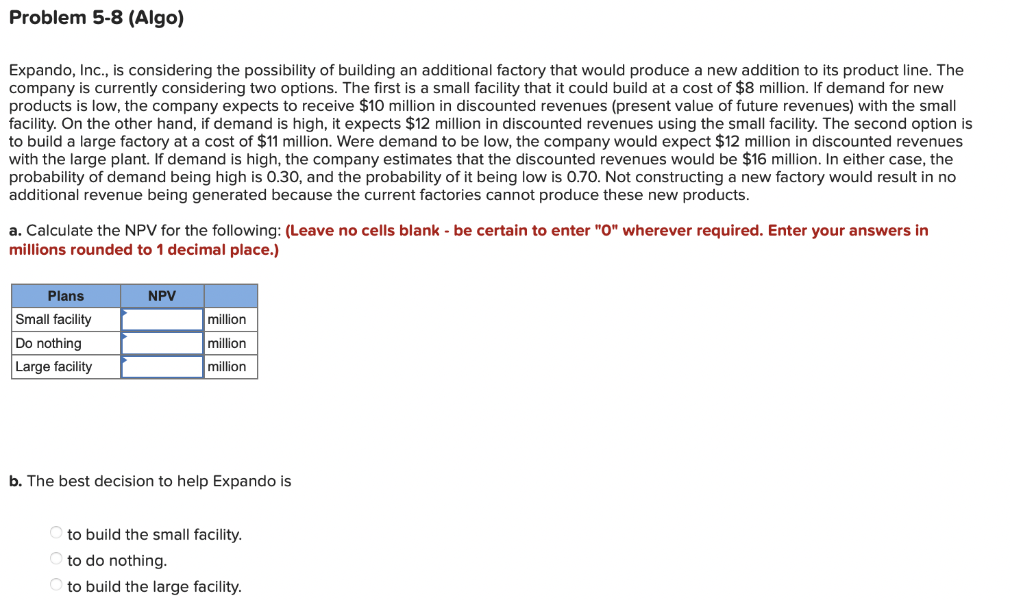  Problem 5-8(Algo) Expando, Inc., is considering the possibility of building an