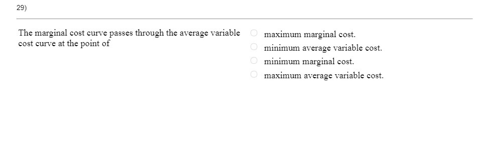 29) The marginal cost curve passes through the average variable O