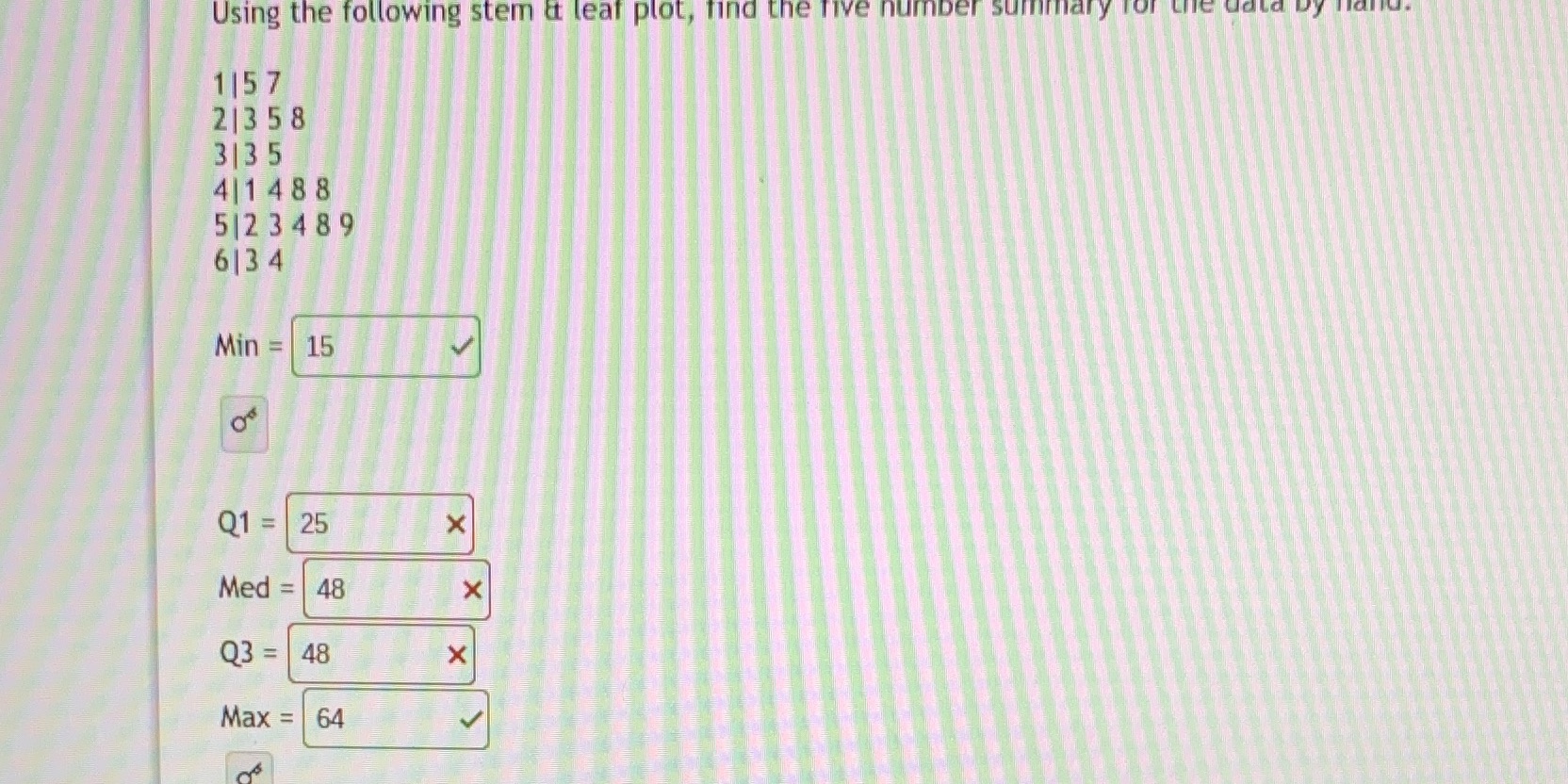 Using the following stem & leaf plot, find the five number summary