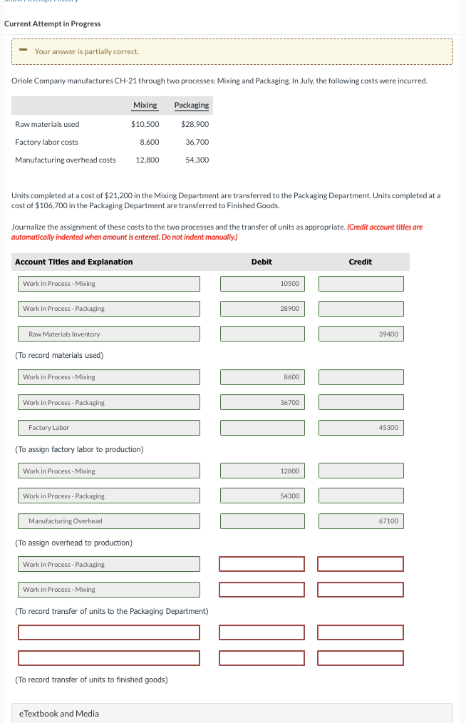 Current Attempt in Progress Your answer is partially correct. Oriole Company