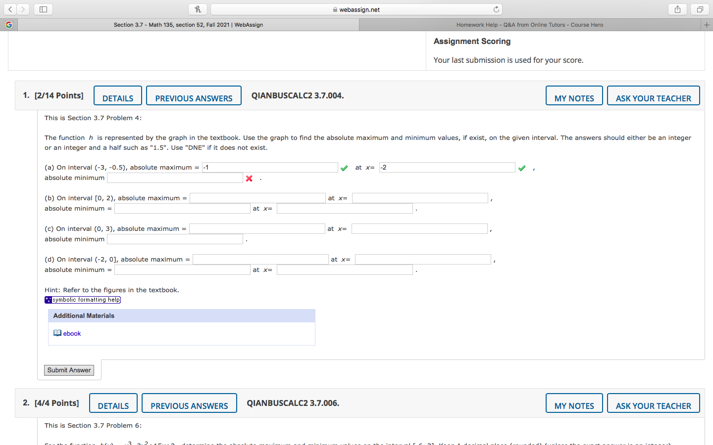  h webassign.net G Section 3.7 - Math 135, section 52, Fall