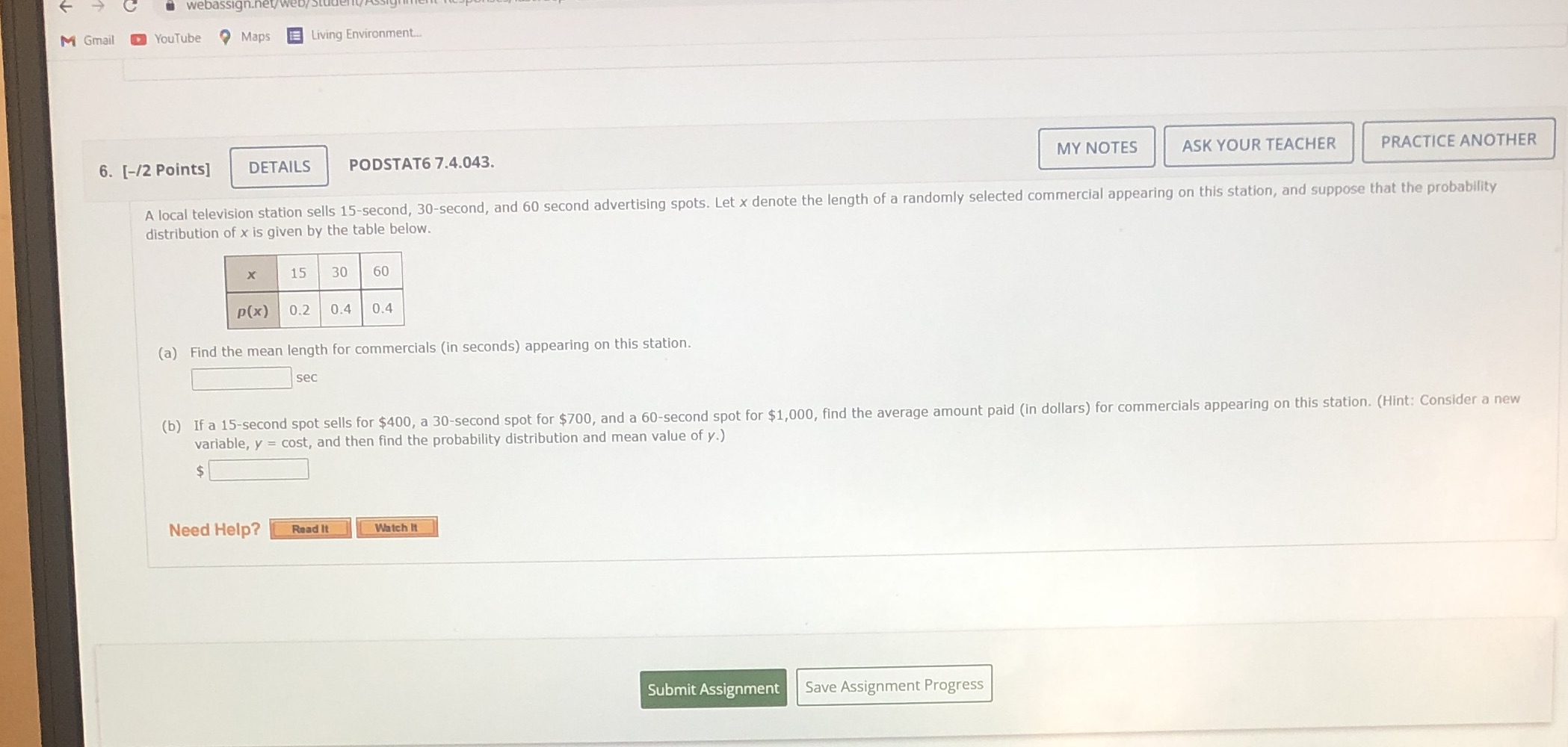 webassign.net/w M Gmail YouTube Maps Living Environment. 6. [-/2 Points] DETAILS