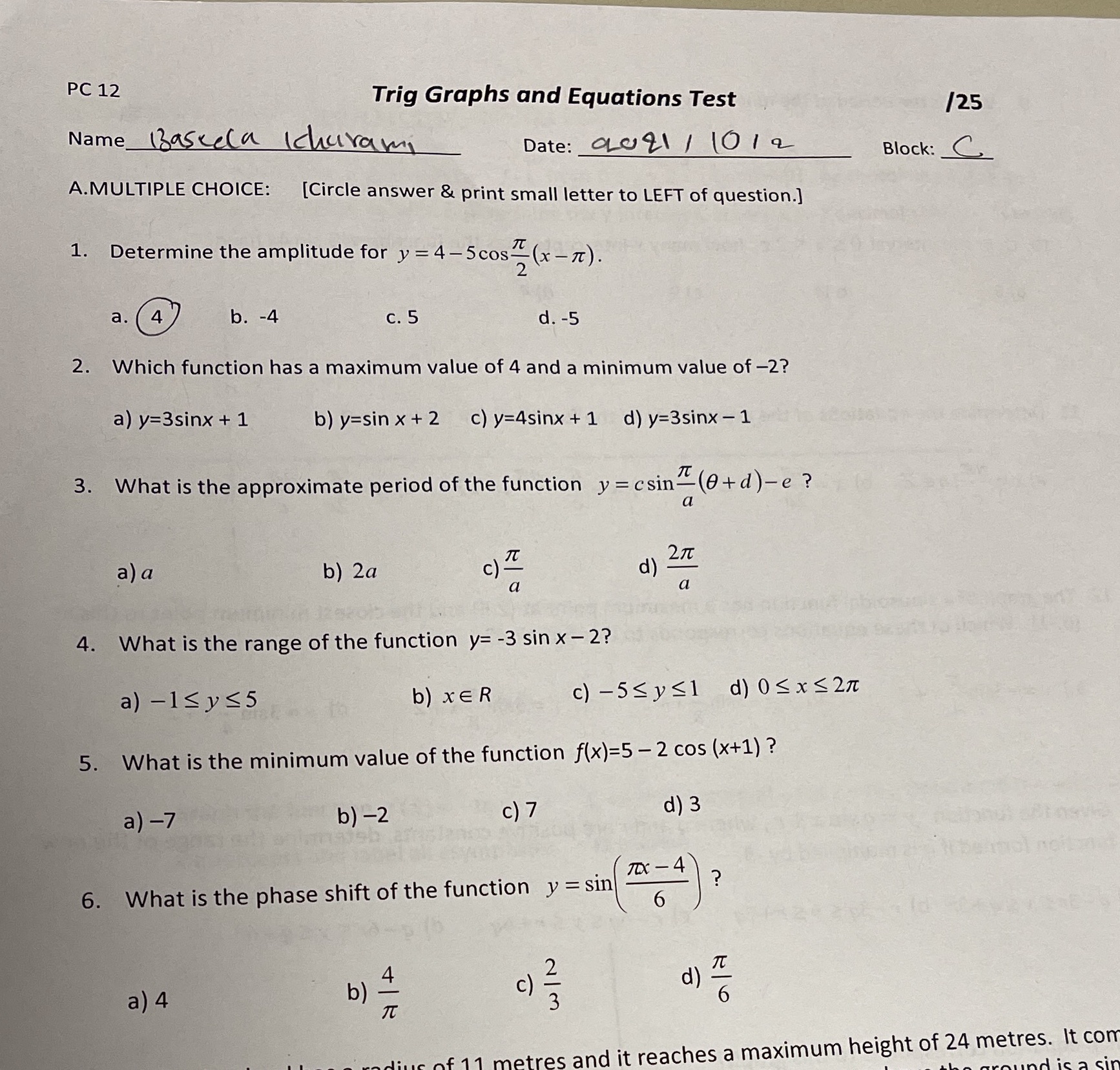  PC 12 Trig Graphs and Equations Test 125 Name_ Bascela Ichuram