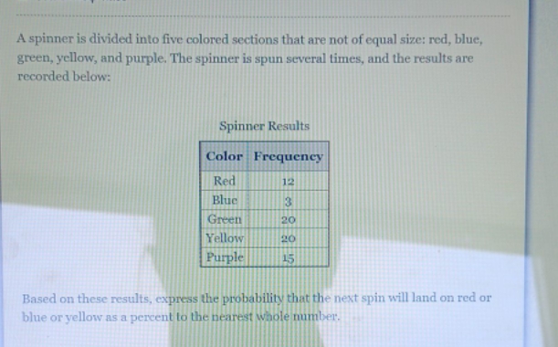 Please Solve A spinner is divided into five colored sections that are