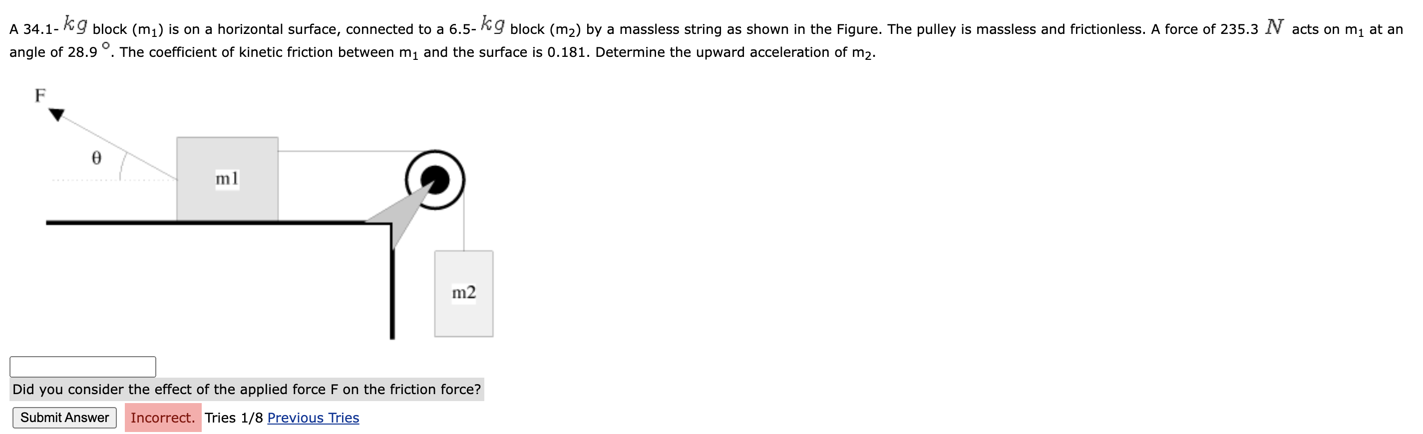  A 34.1- kg block (m1) is on a horizontal surface, connected