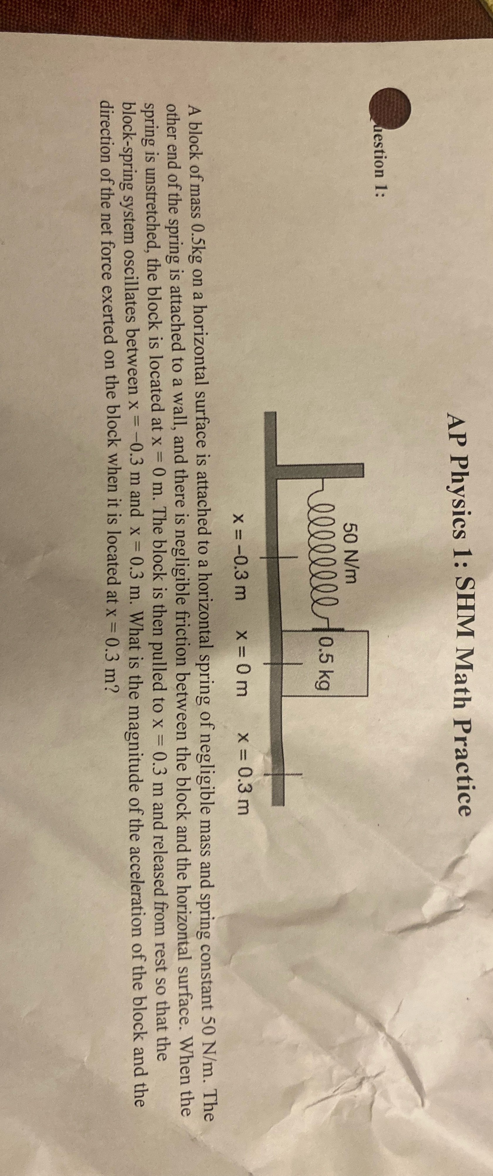 AP Physics 1: SHM Math Practice uestion 1: 50 N/m Wellllll0