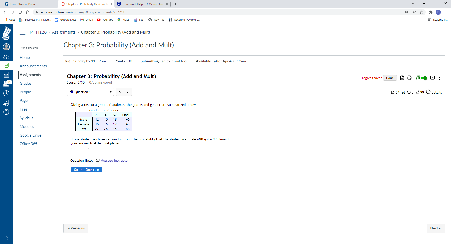 EGCC Student Portal * Chapter 3: Probability (Add and ) X