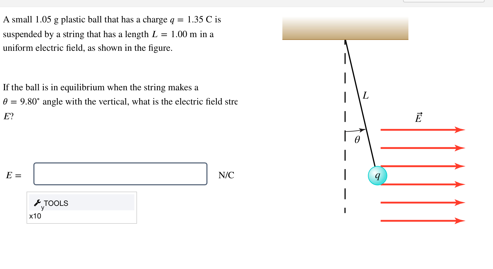  A small 1.05 g plastic ball that has a charge q