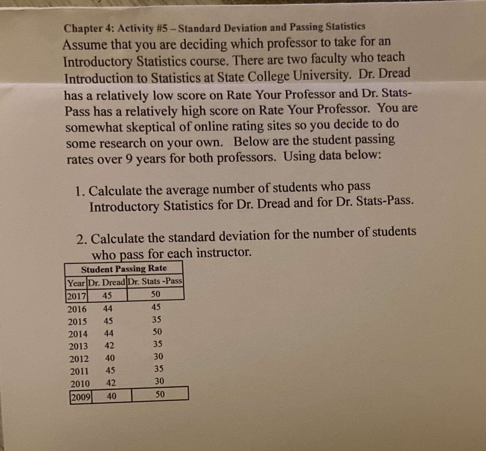 In need of help Chapter 4: Activity #5 - Standard Deviation and