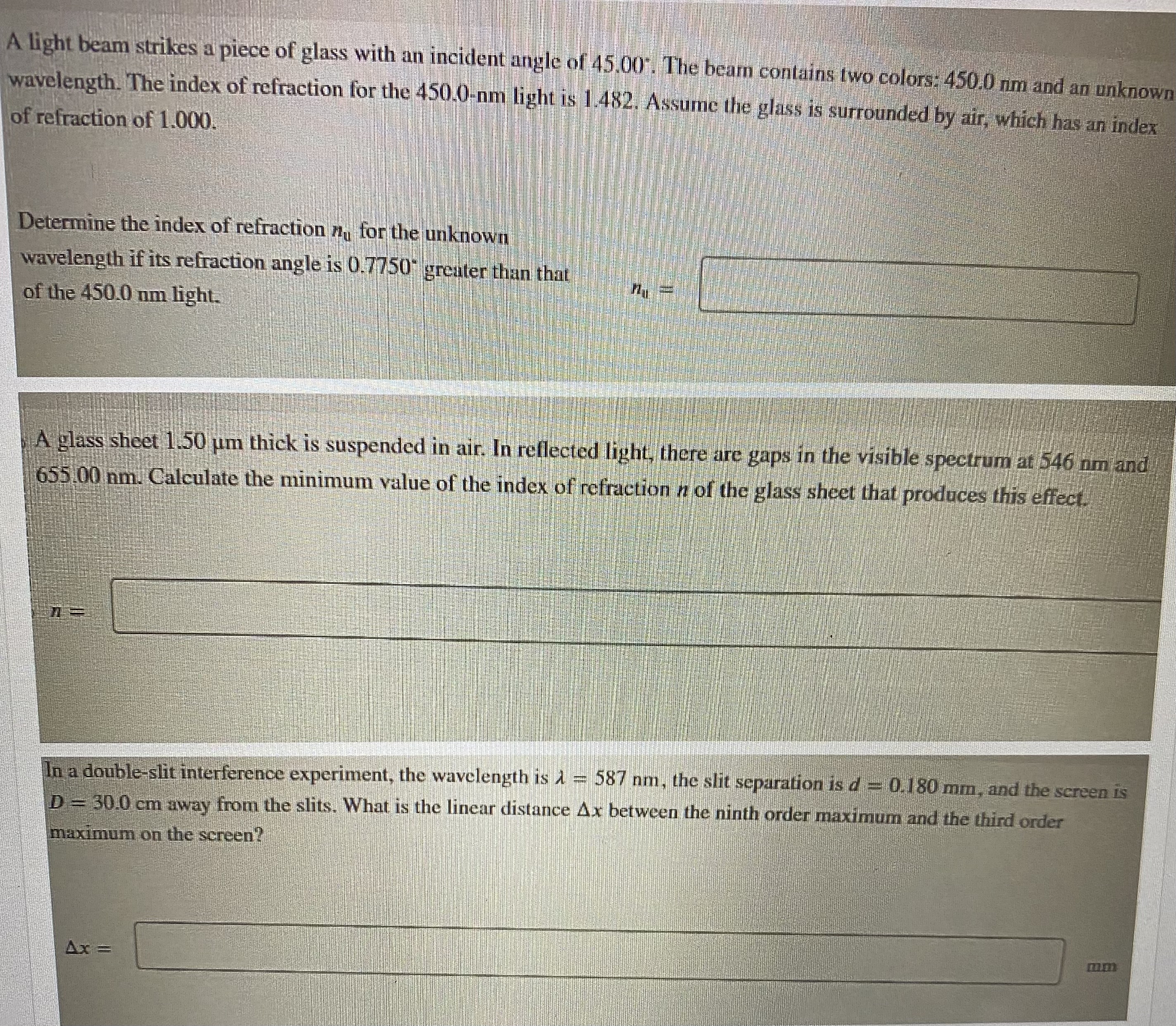 Answer All Questions CORRECTLY A light beam strikes a piece of glass