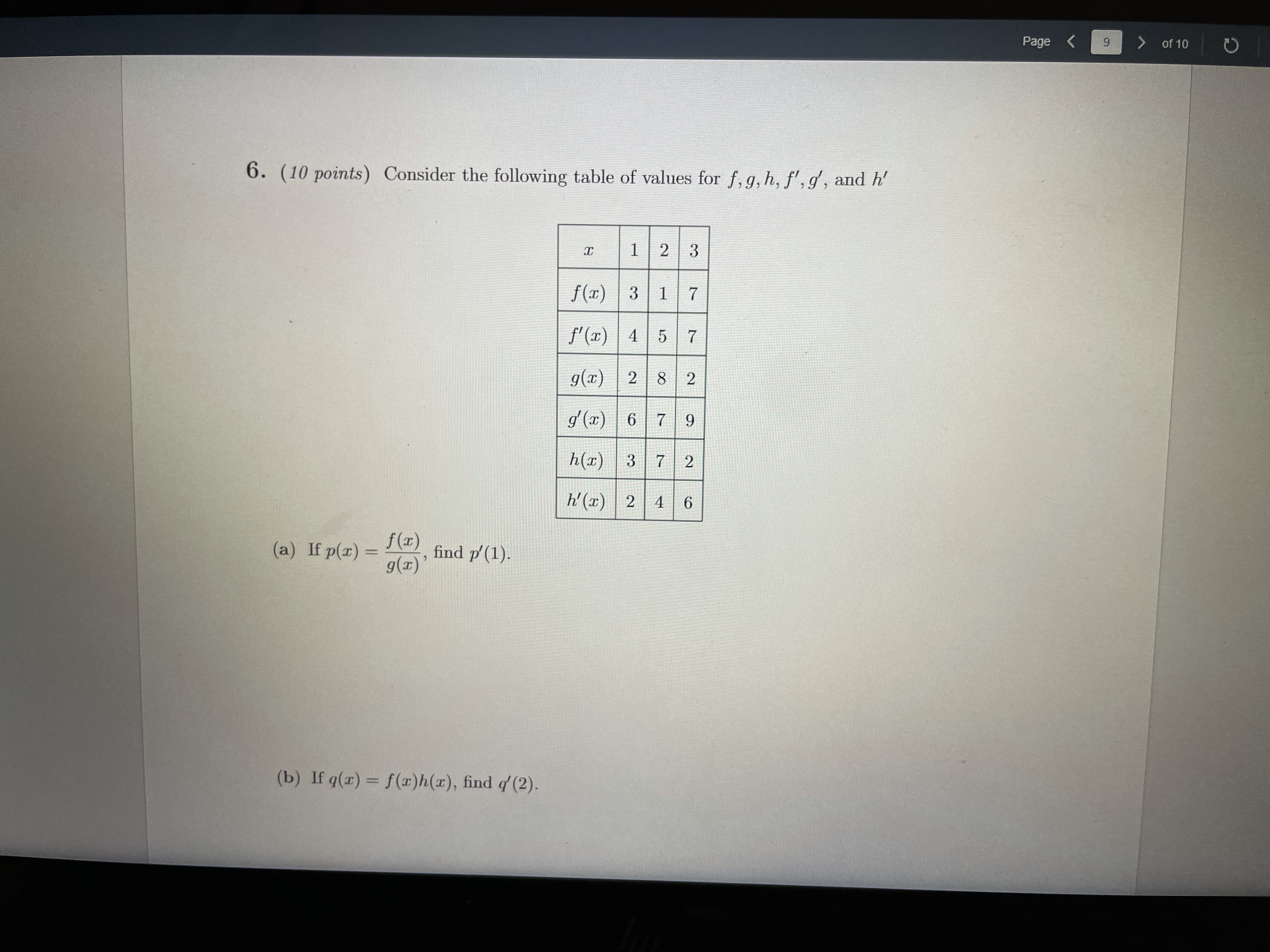 h, f', g', and h' 2 3 f(x) 3 7 f'(x) 4