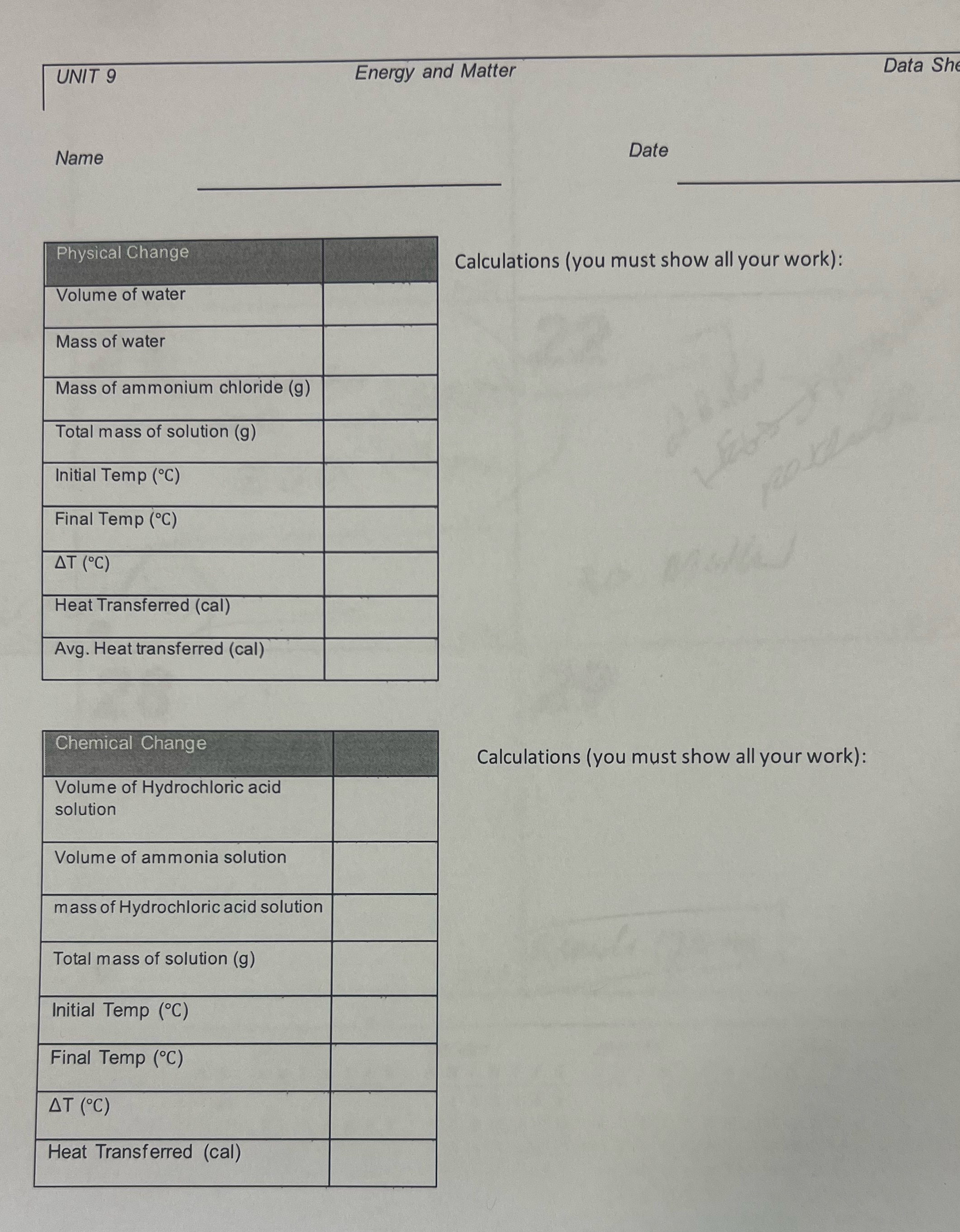  UNIT 9 Energy and Matter Data Sh Name Date Physical Change
