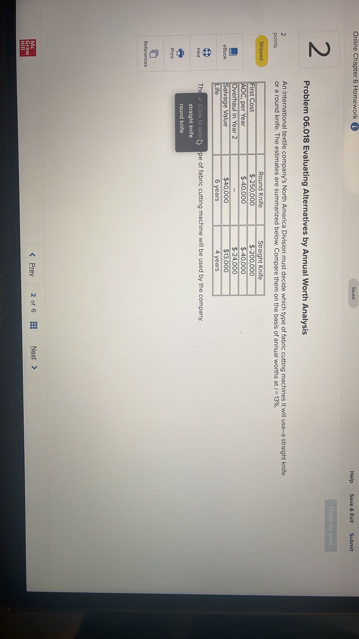  Online Chapter 6 Homework Saved Help Save & Exit Submit Check