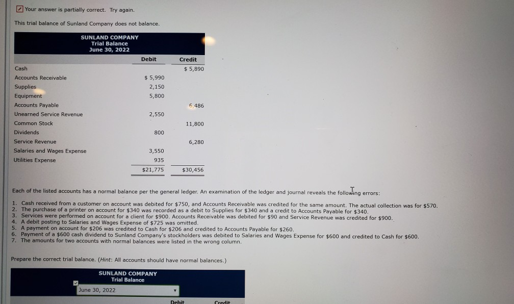 Your answer is partially correct. Try again. This trial balance of