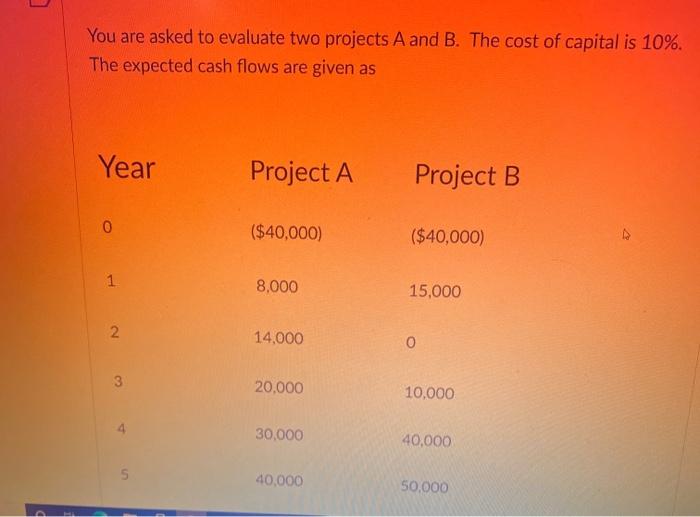  You are asked to evaluate two projects A and B. The