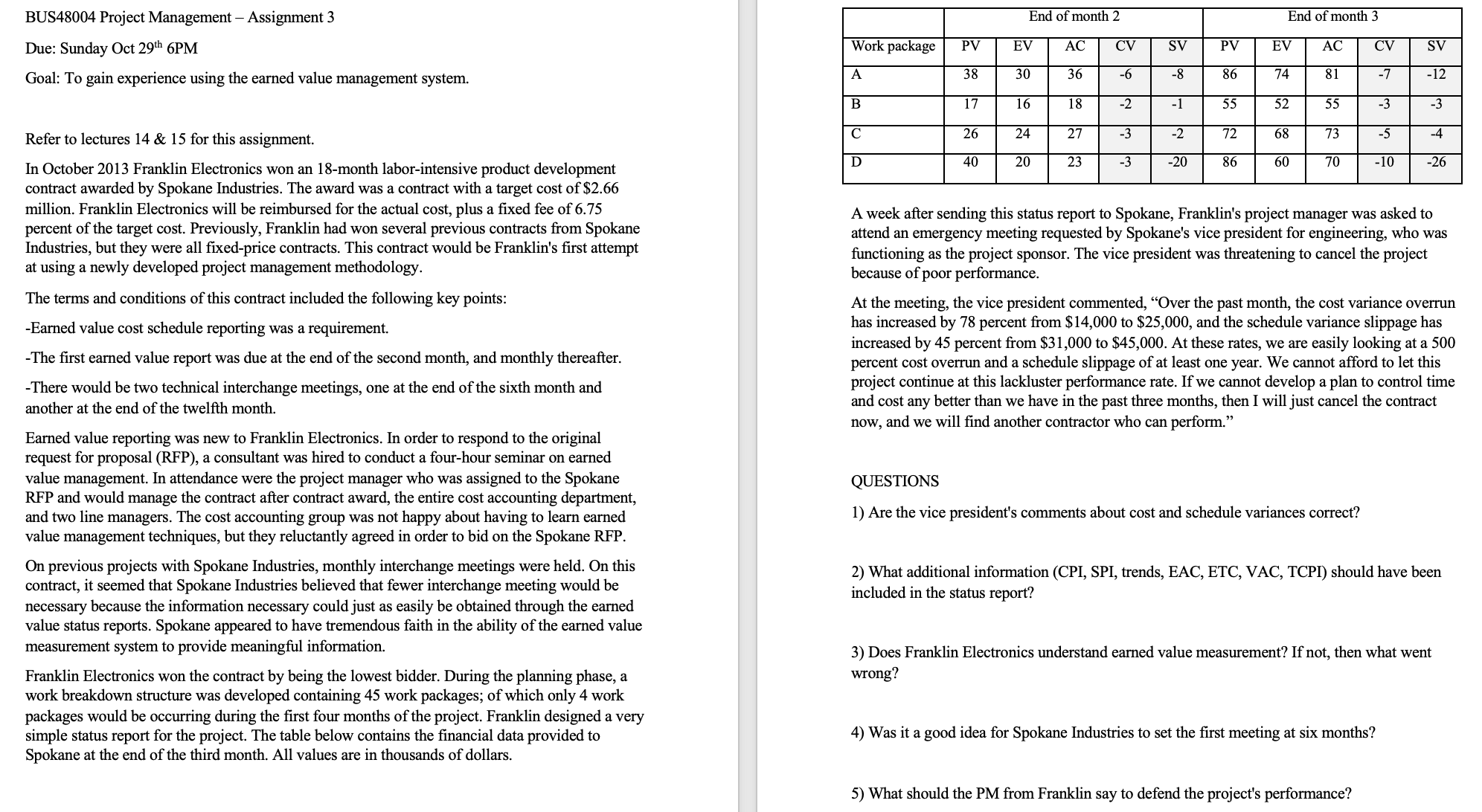 BUS48004 Project Management - Assignment 3 Due: Sunday Oct 29th6PM Goal: