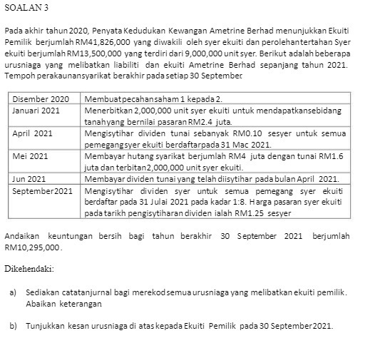 SOALAN 3 Pada akhir tahun2020, Penvata Kedudukan Kewangan Ametrine 3erhad menunjukkan Ekuiti