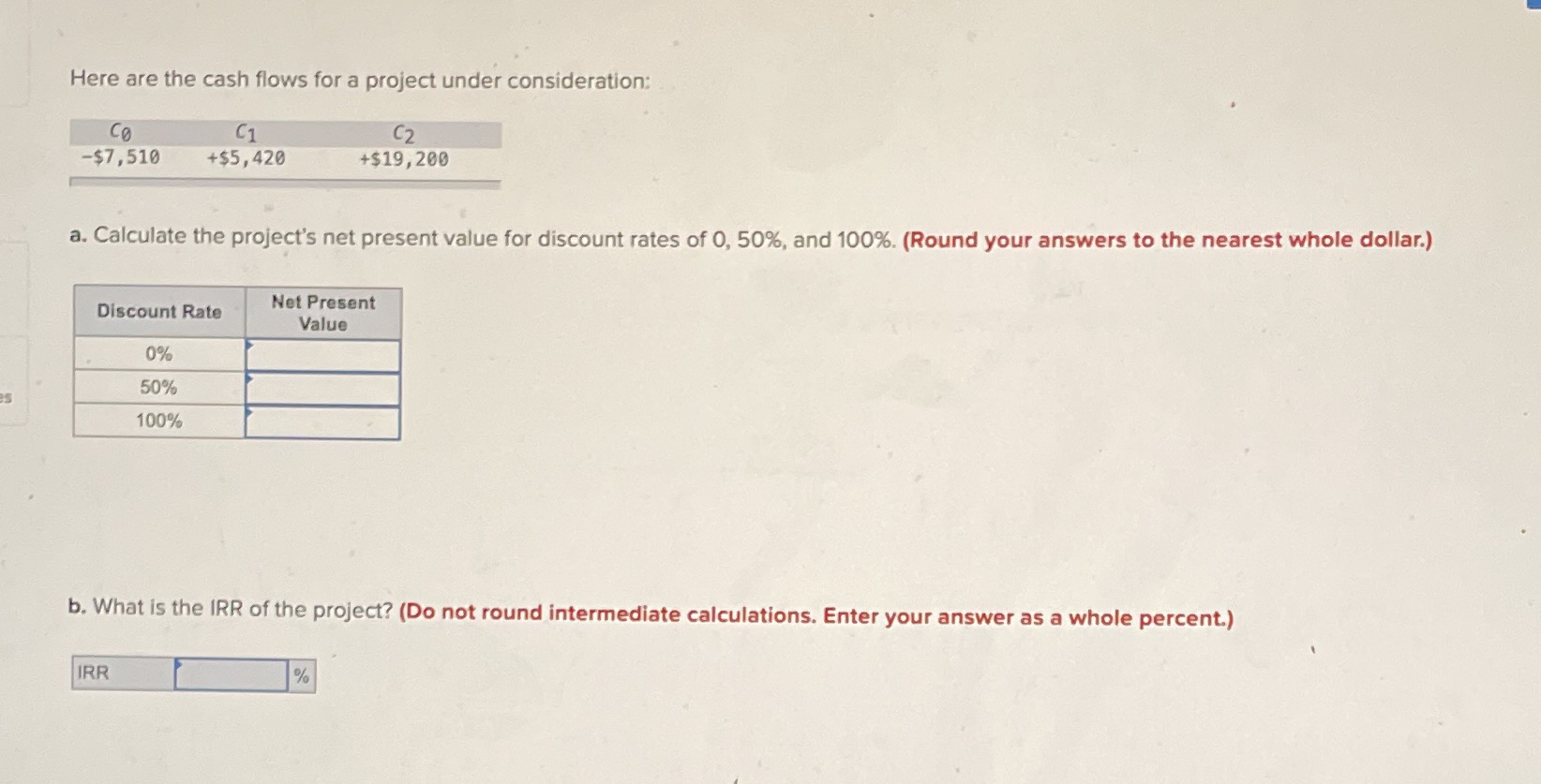  Here are the cash flows for a project under consideration: Co