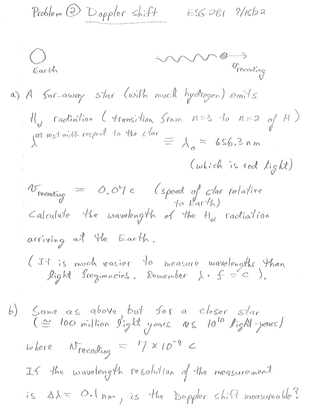 Problem (2) Doppler shift ES 281 9/15 /22 O Earth Preceding