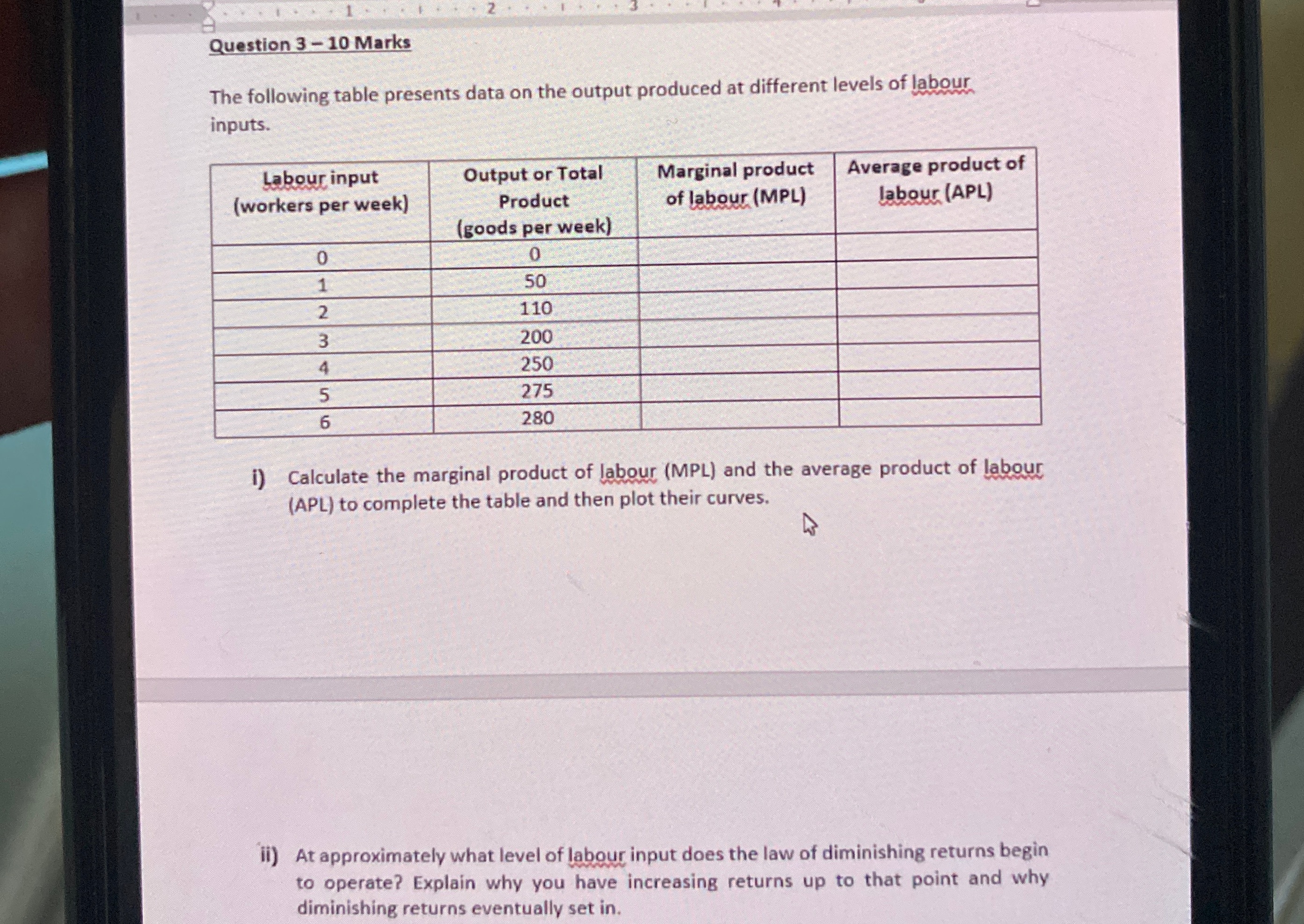 plz answer this Question 3 - 10 Marks The following table presents