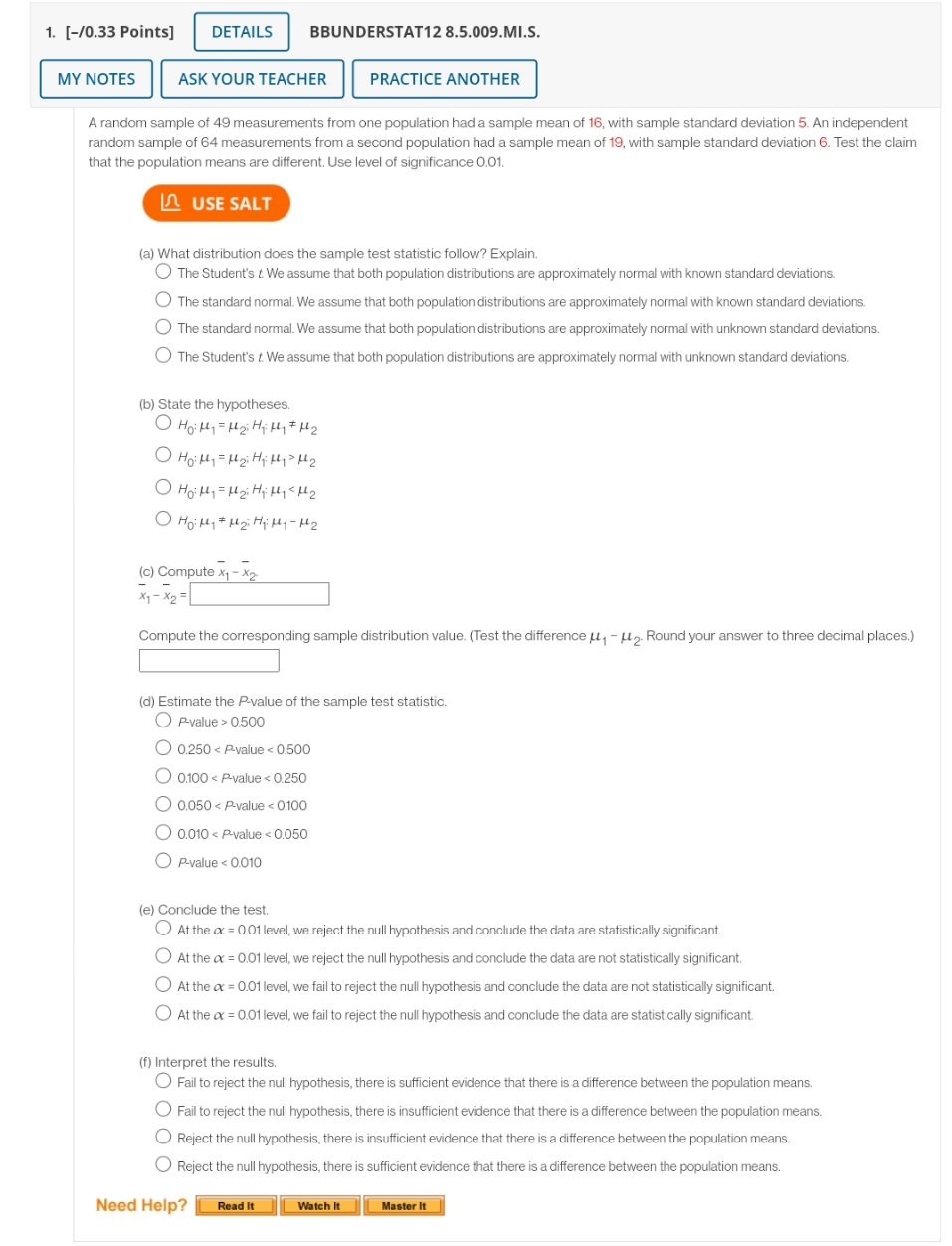 help please 1. [-/0.33 Points] DETAILS BBUNDERSTAT12 8.5.009.MI.S. MY NOTES ASK YOUR