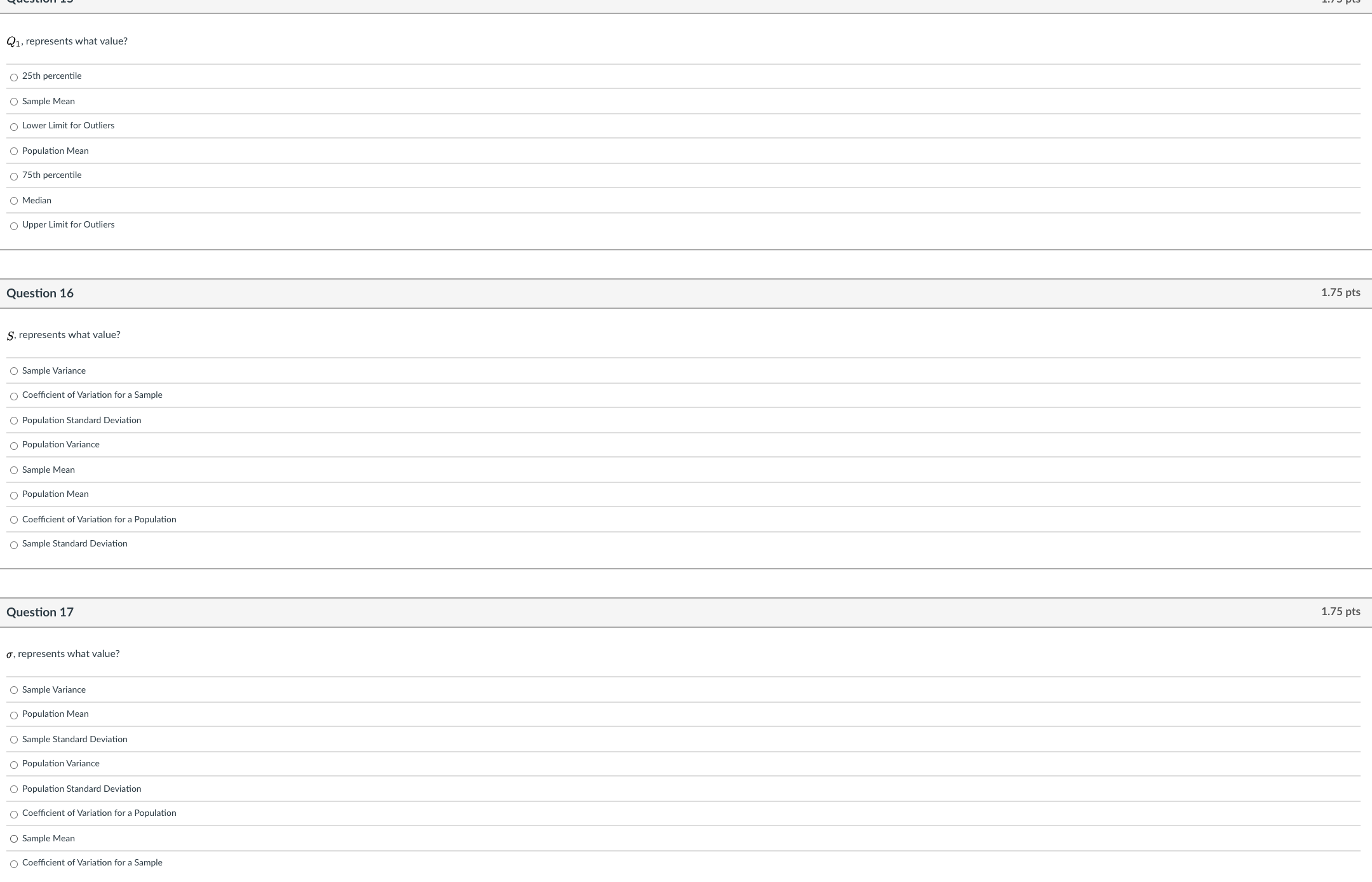  Q1, represents what value? O 25th percentile O Sample Mean Lower