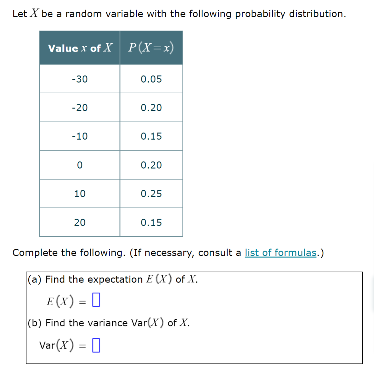 Q1. Let X be a random variable with the following probability distribution.