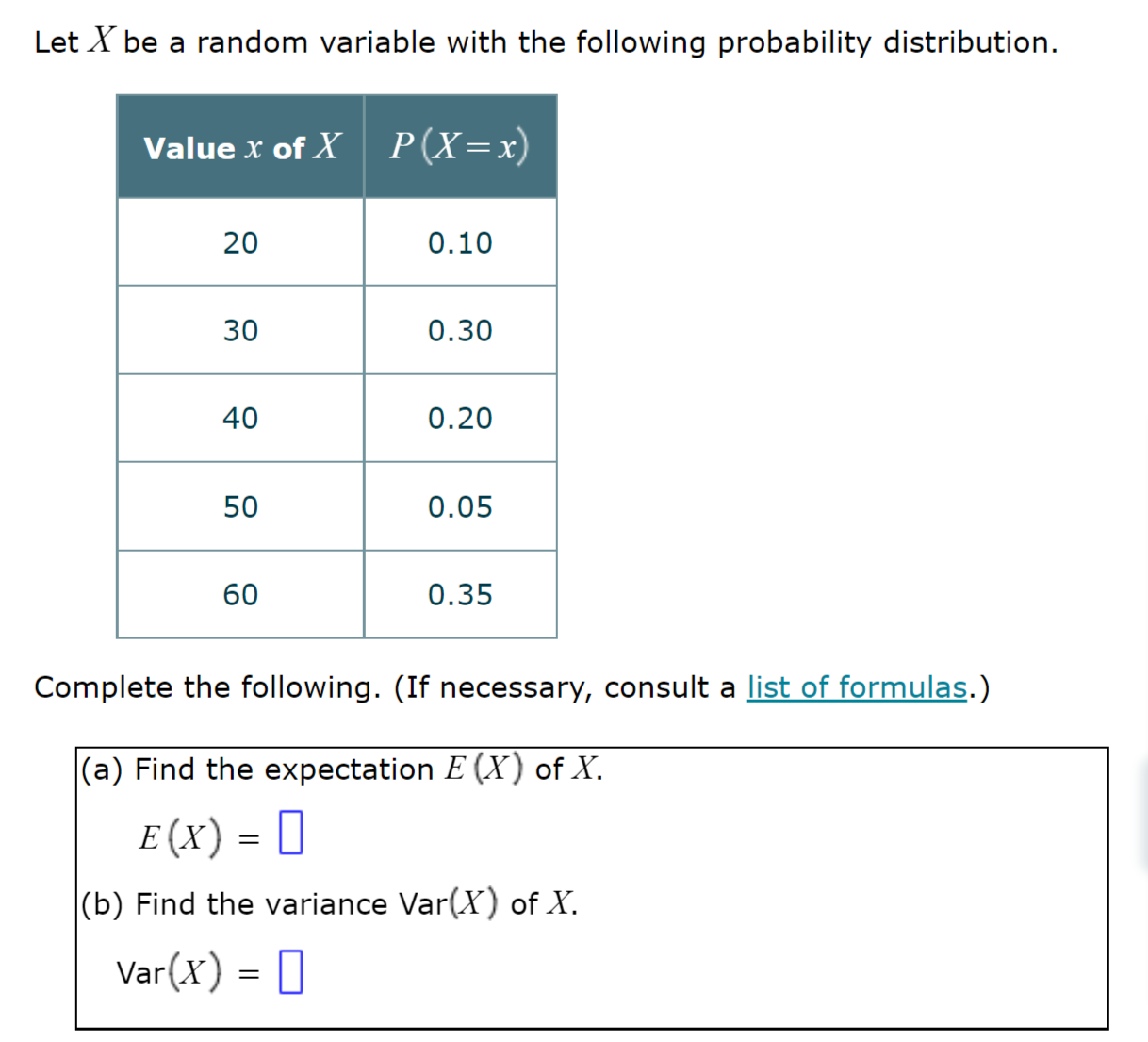 Value x of X P( X=x) -30 0.05 -20 0.20 -10 0.15