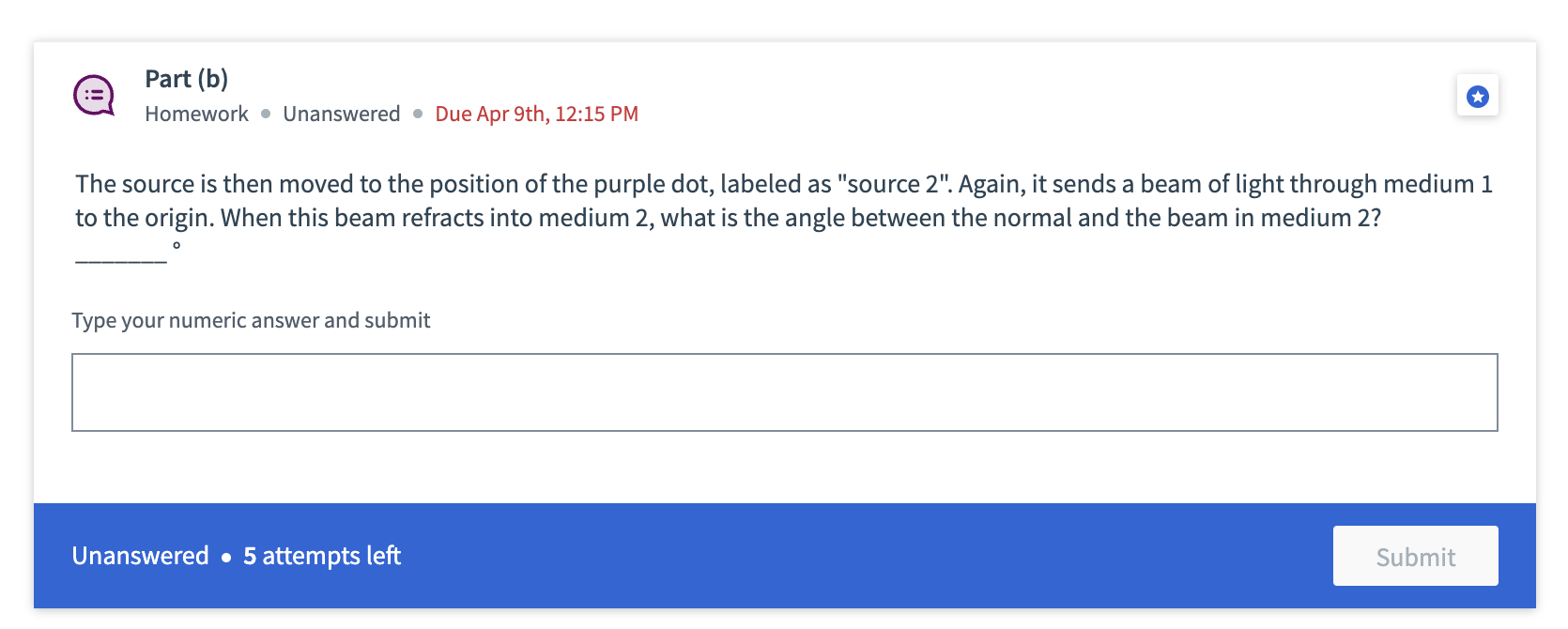 green dot) in medium 1. The source sends a beam of light