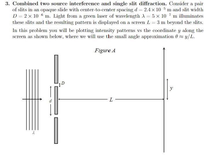  3. Combined two source interference and single slit diffraction. Consider a