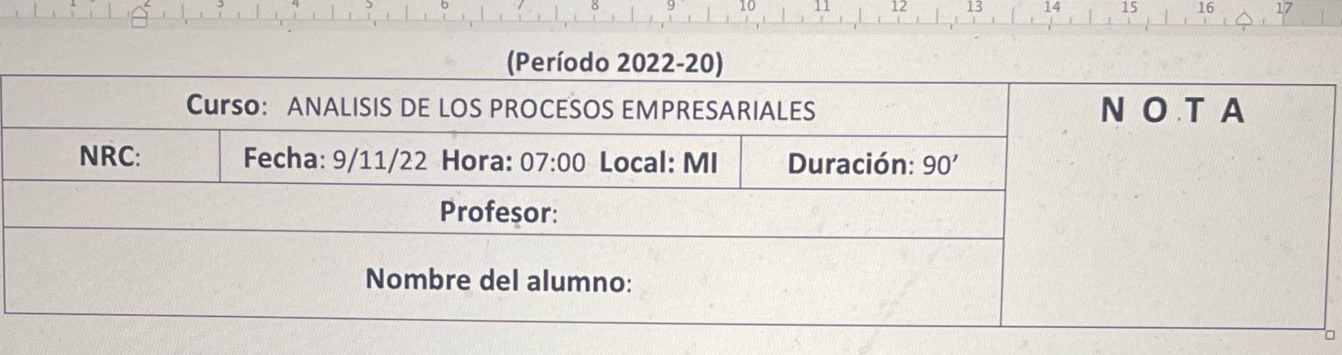 14 NRC: (Periodo 2022-20) Curso: ANALISIS DE LOS PROCESOS EMPRESARIALES Fecha: 9/11/22