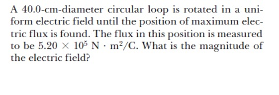 A 40.0-cm-diameter circular loop is rotated in a uni- form electric