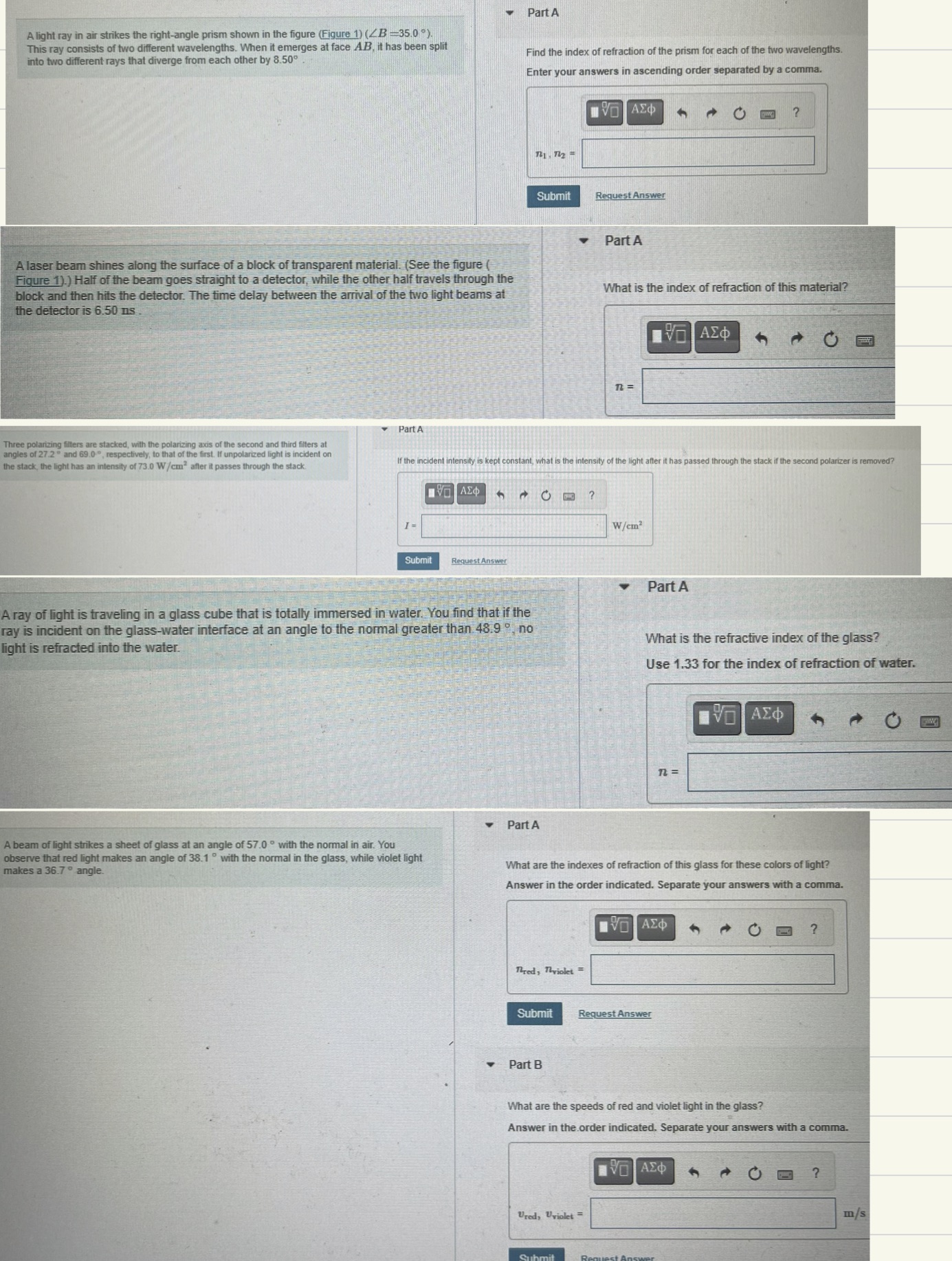  Part A A light ray in air strikes the right-angle prism