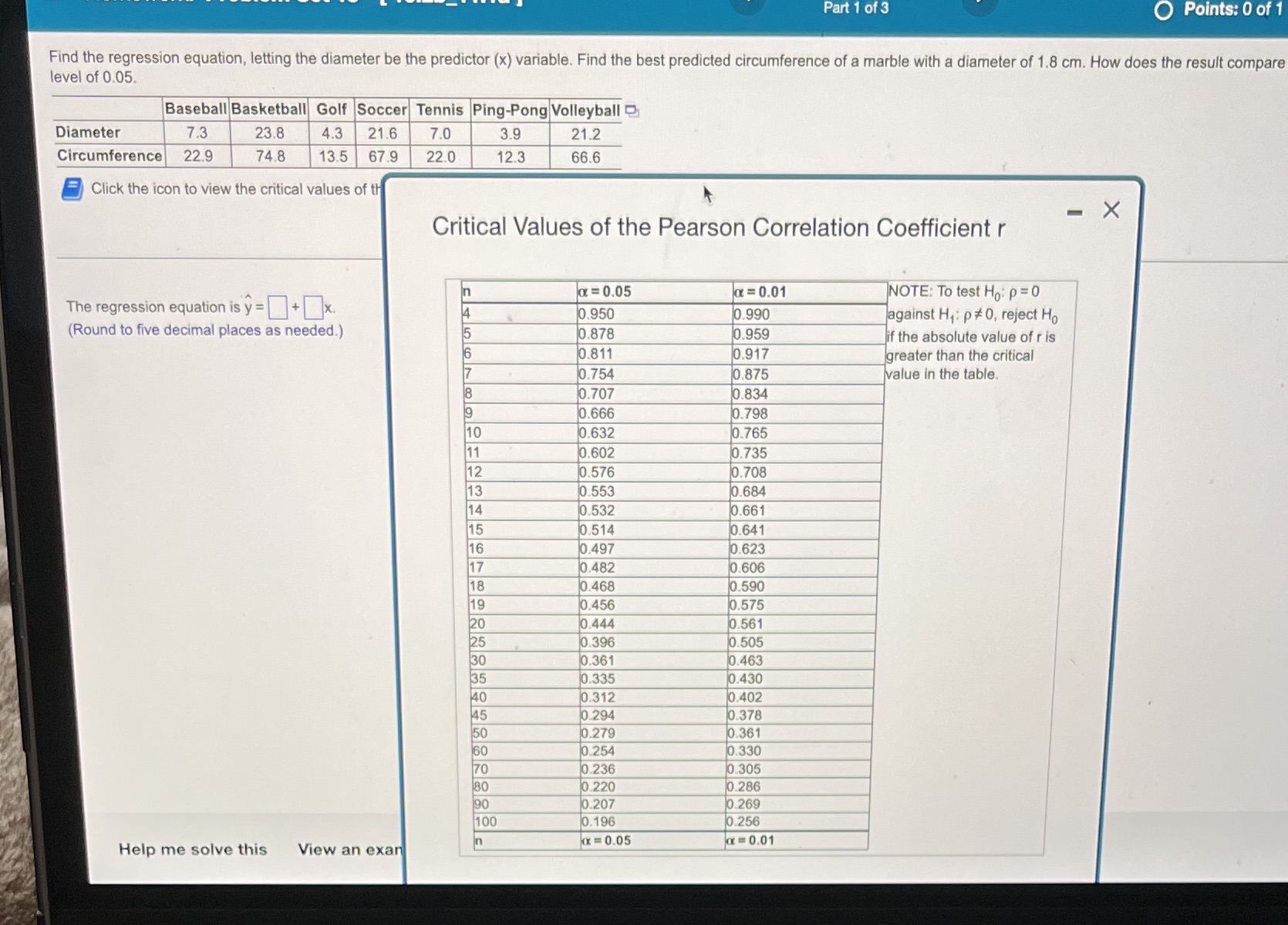 Find the regression equation, letting the diameter be the predictor (x) variable.