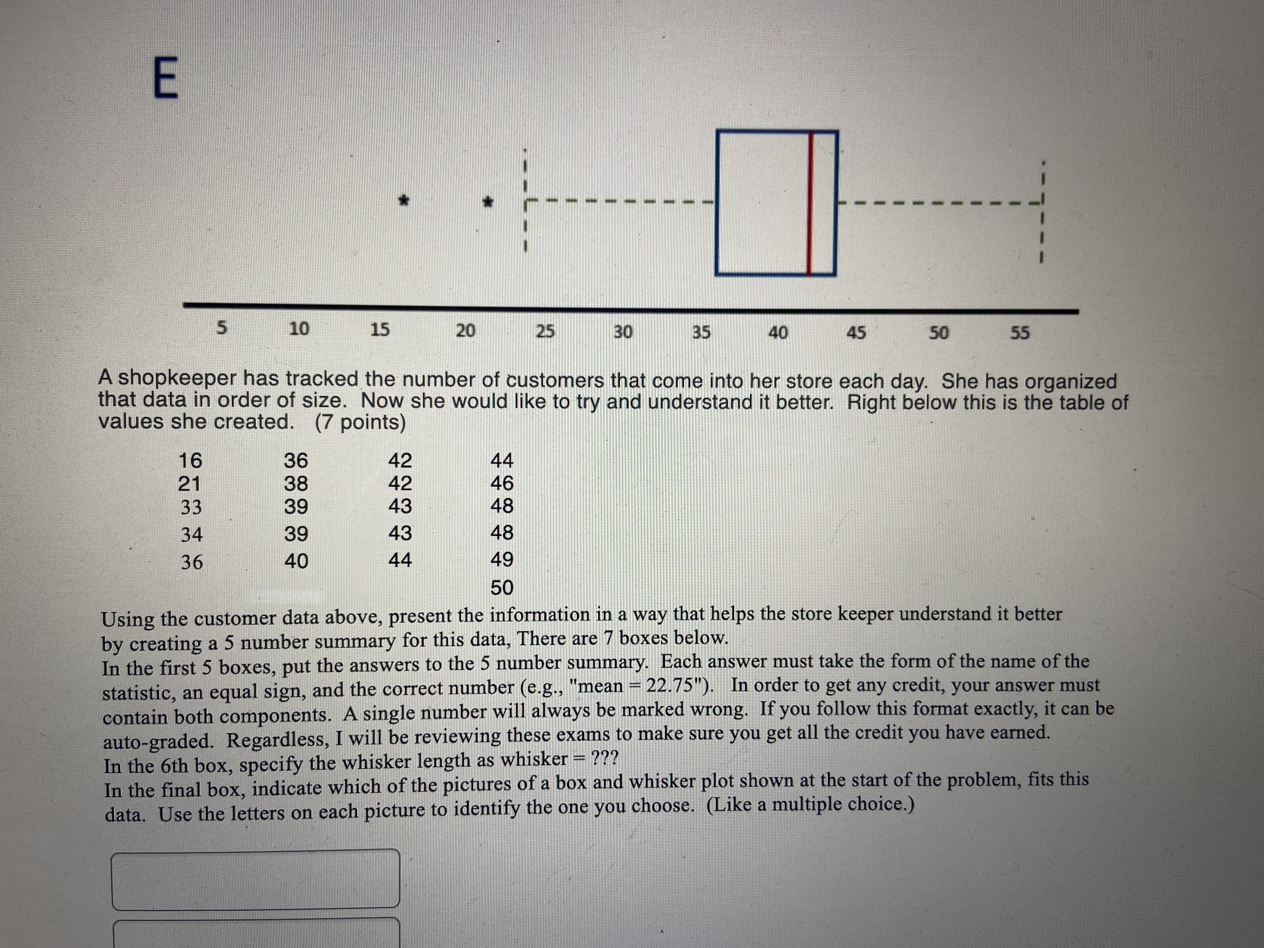 the 5 number summary. Each answer must take the form of the