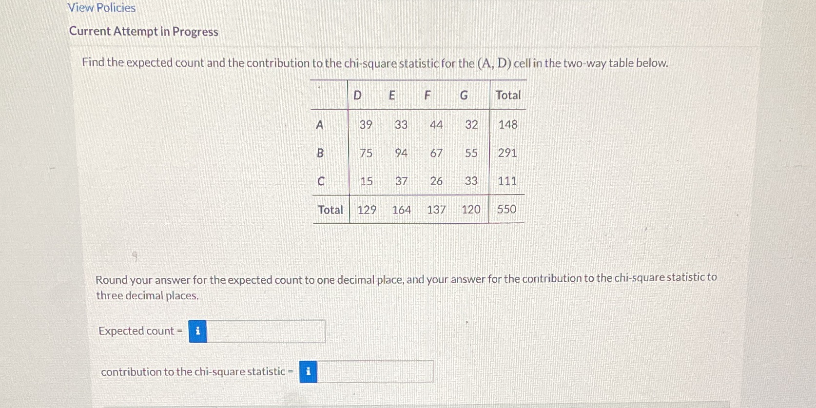 View Policies Current Attempt in Progress Find the expected count and