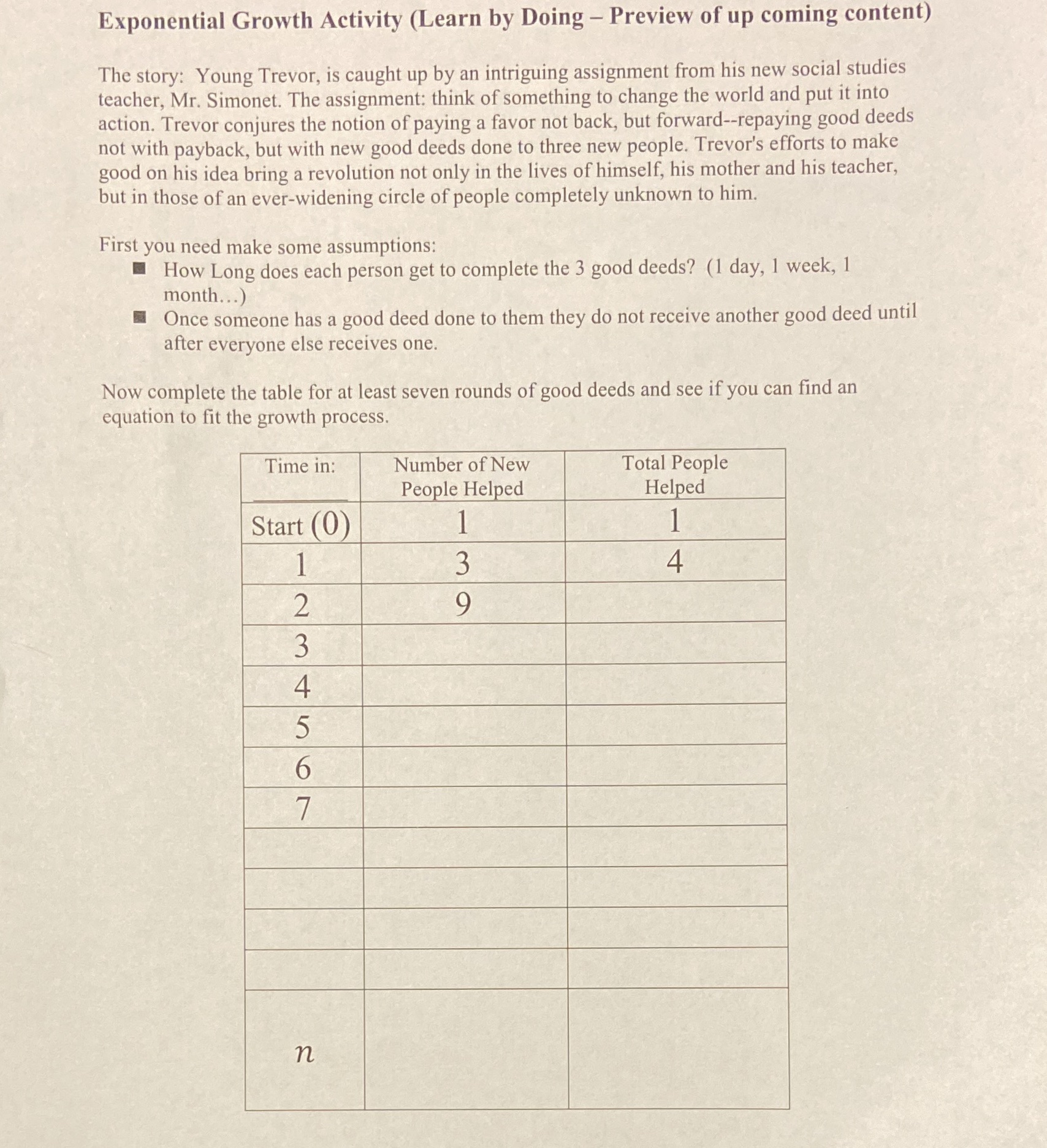 Pre Calc Exponential Growth Activity (Learn by Doing - Preview of up