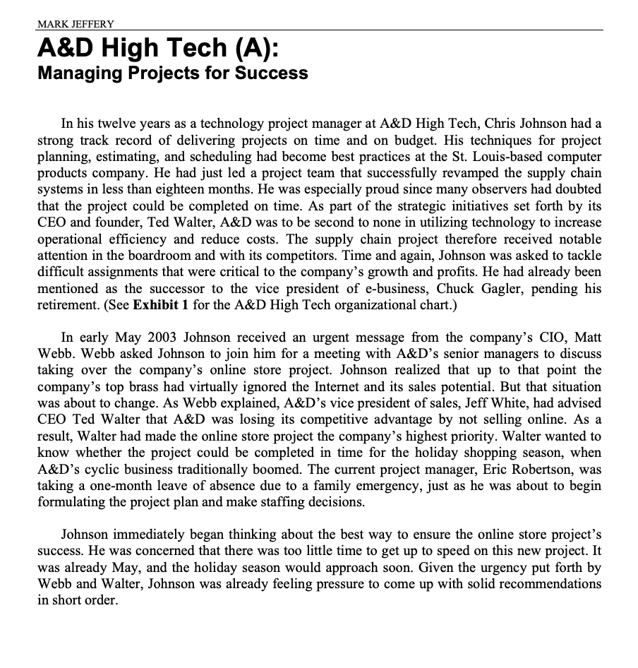  MARK J EFFER'r'r A&D High Tech (A): Managing Projects for Success